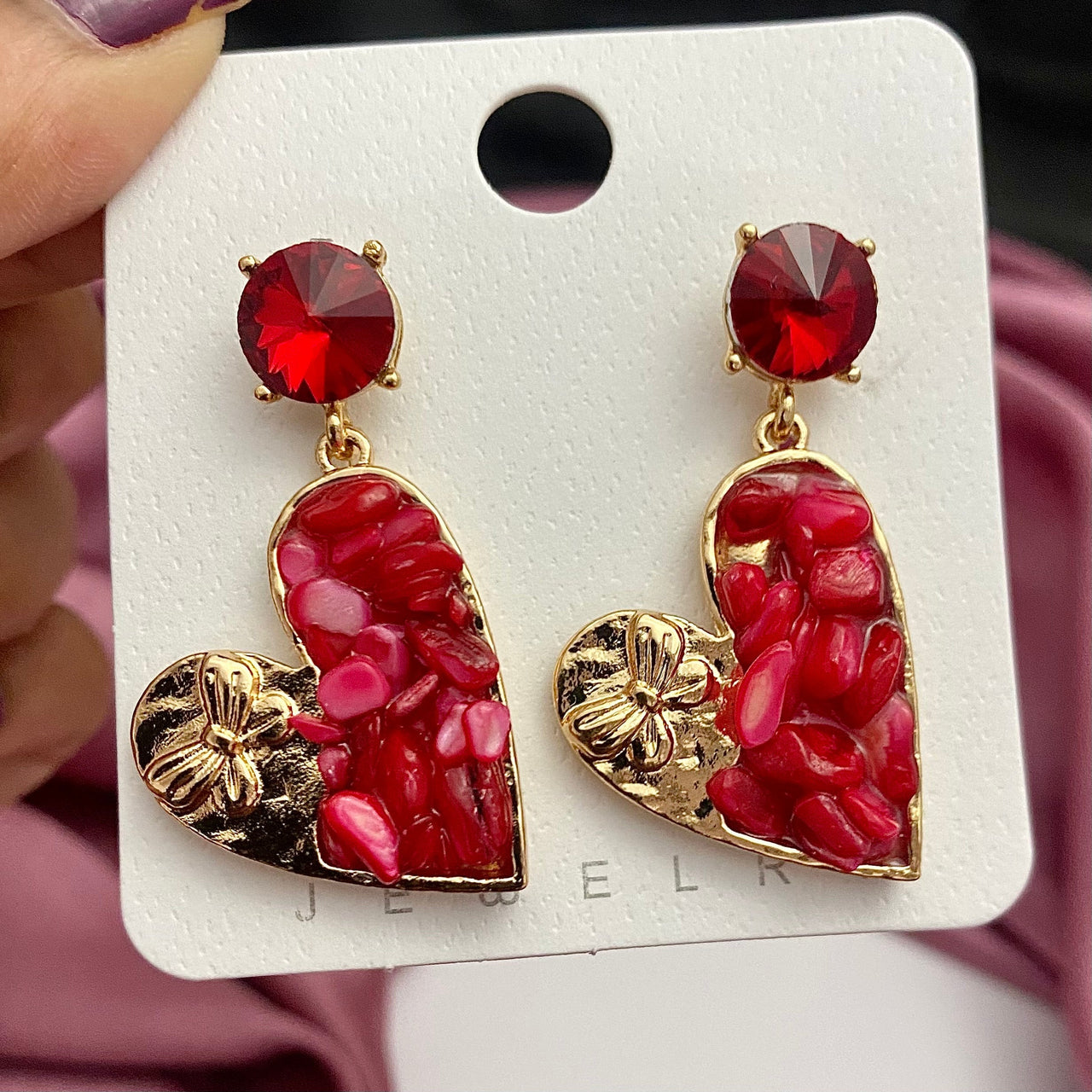 Red Uncut Stone Heart Shape Korean Earrings