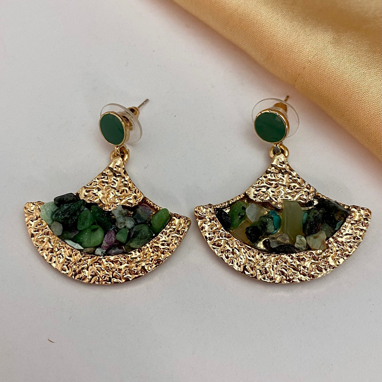 Golden Foil Earrings With Green Uncut Stone