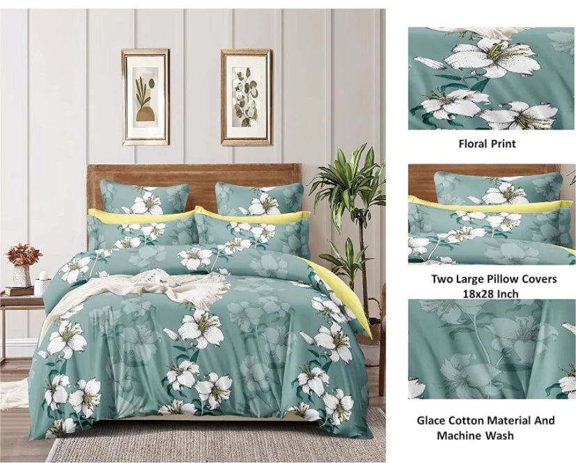 King Size Bedsheet with 2 Pillow Covers -Green Flower