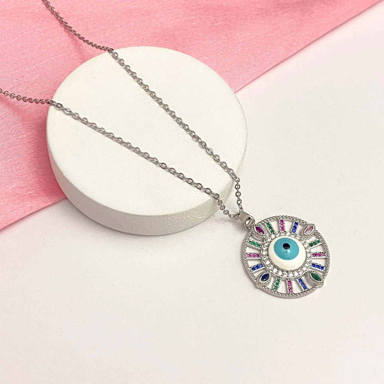 Premium Silver Evil Eye Necklace With Stainless Steel Chain