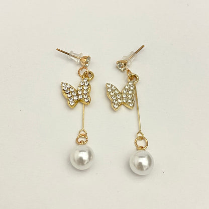 Golden Butterfly Pearl Drop Korean Earrings