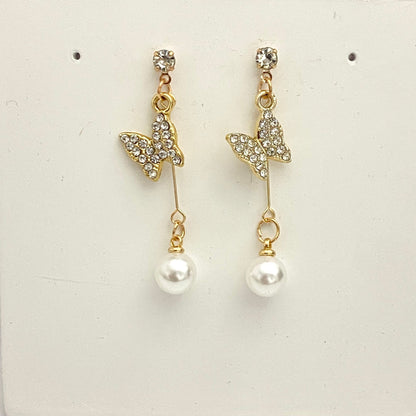 Golden Butterfly Pearl Drop Korean Earrings
