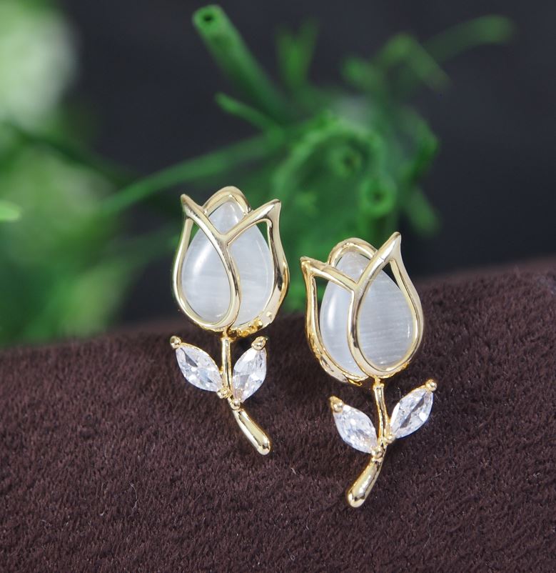 Korean Tulip Flower White Stone Earring - KRNER 5368