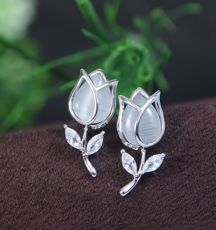 Korean Tulip Flower White Stone Earring - KRNER 5368