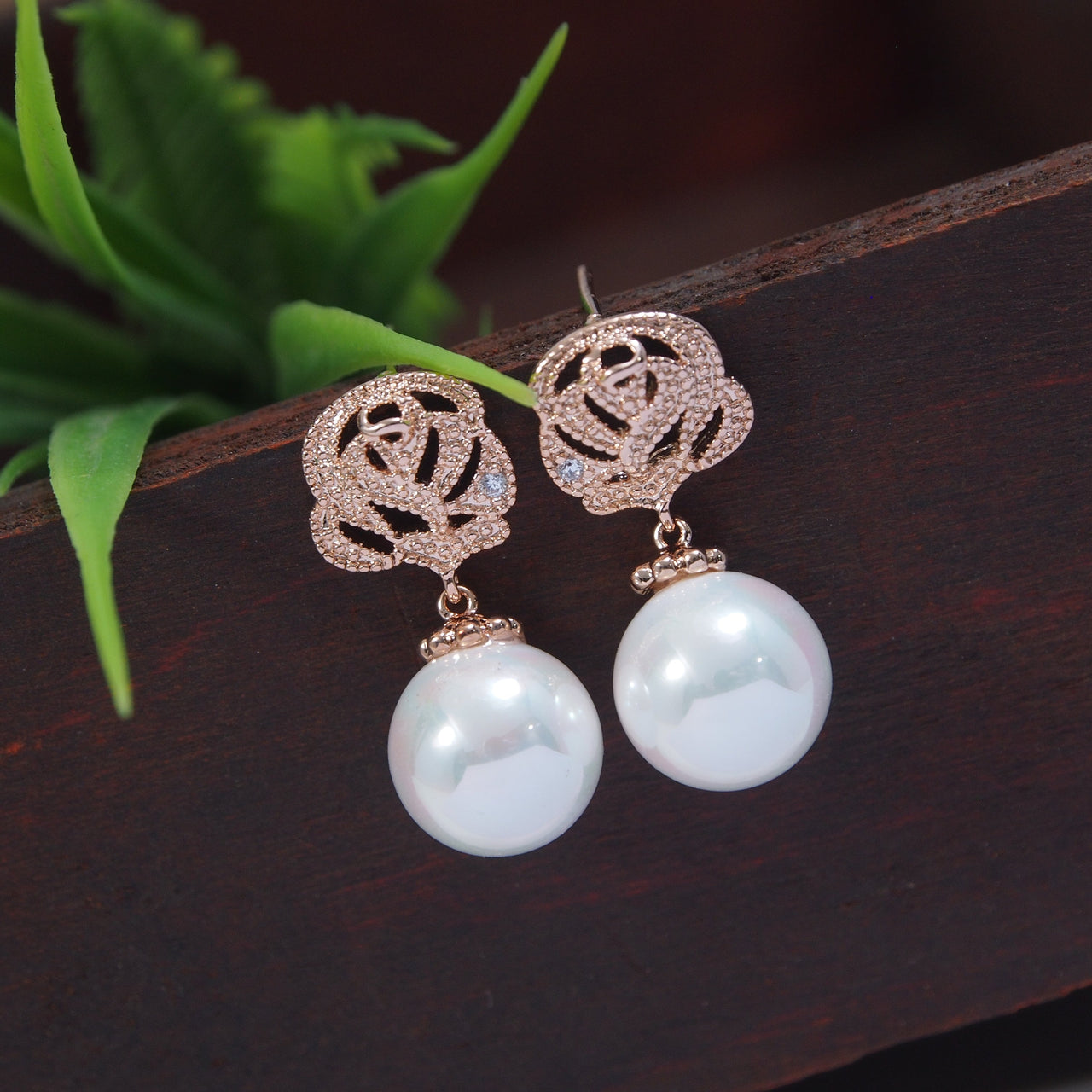 Korean Rose Flower Pearl Stud Earring - KRNER 5383