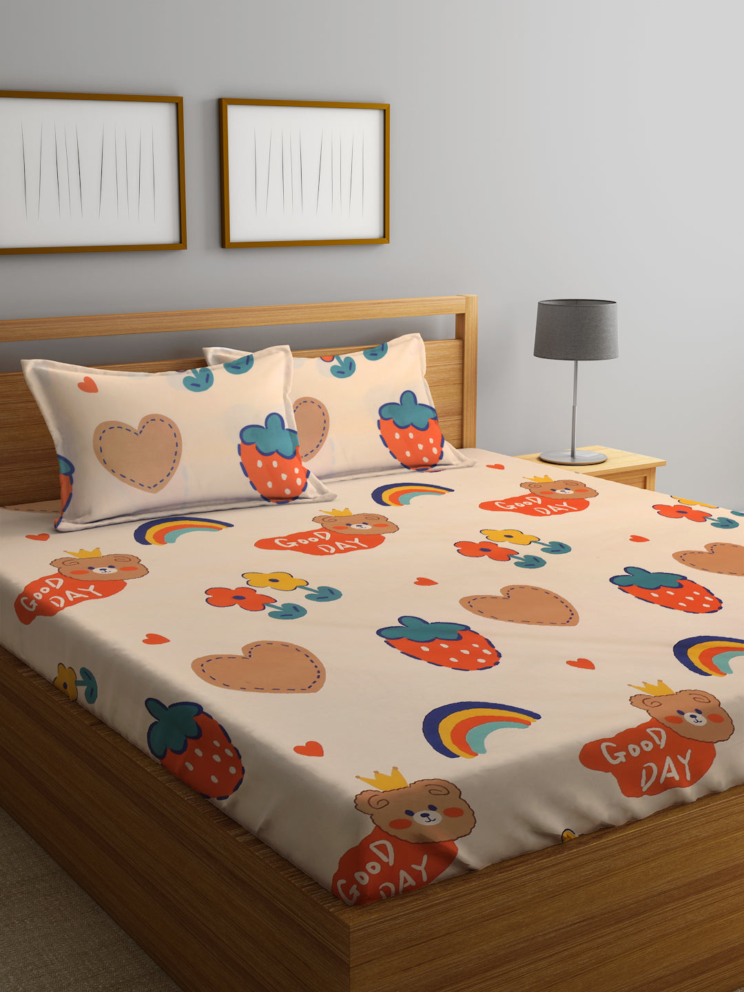 Super Cute Rainbow Design Queen Size Bedsheet With 2 Pillow Cover