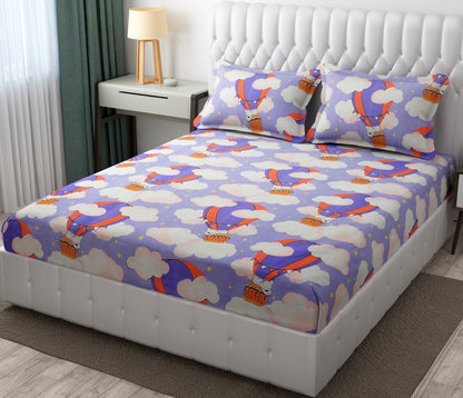 Super Cute Cloud And Parachute Design Queen Size Bedsheet With 2 Pillow Cover