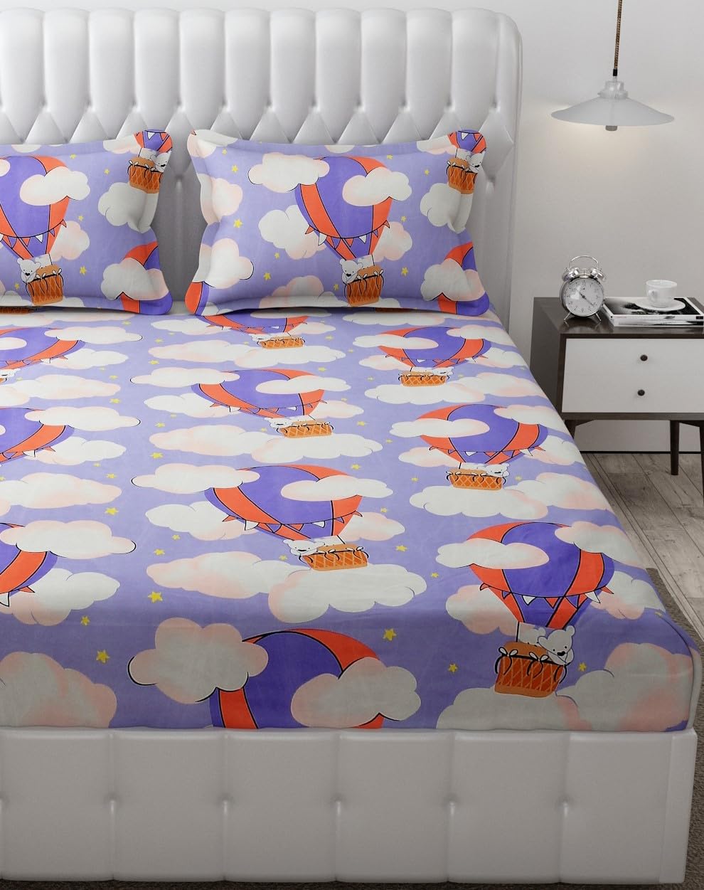 Super Cute Cloud And Parachute Design Queen Size Bedsheet With 2 Pillow Cover