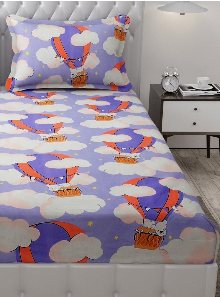 Super Cute Cloud And Parachute Design Queen Size Bedsheet With 2 Pillow Cover