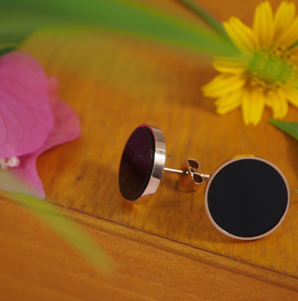 Stainless Steel Rosegold Plated Black Disc Stud Earring-STNER 2894