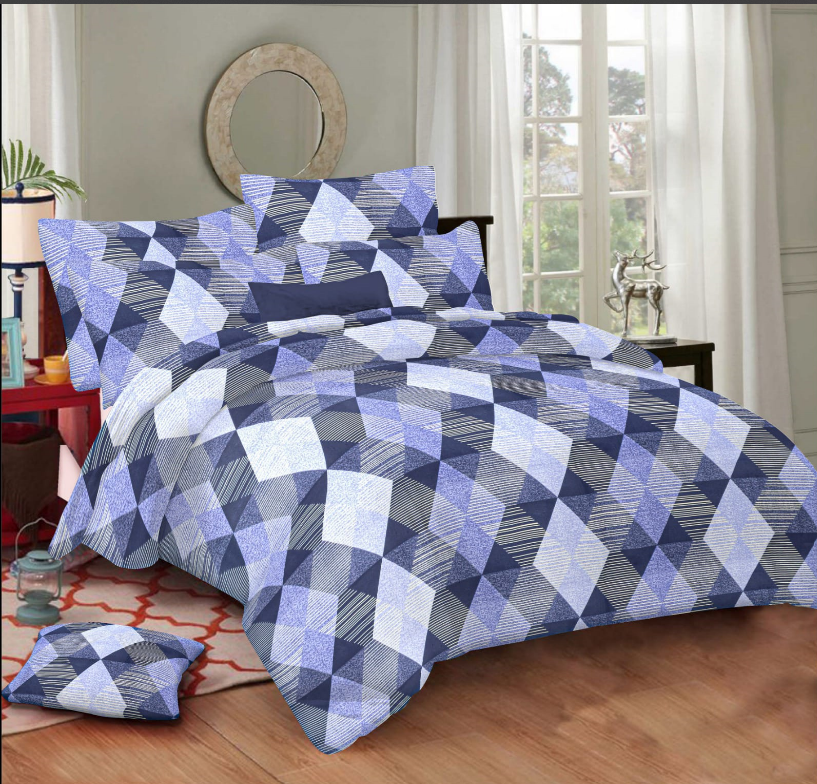 Blue & white Geometric pattern cotton Double Bed Bedsheet with 2 Pillow covers