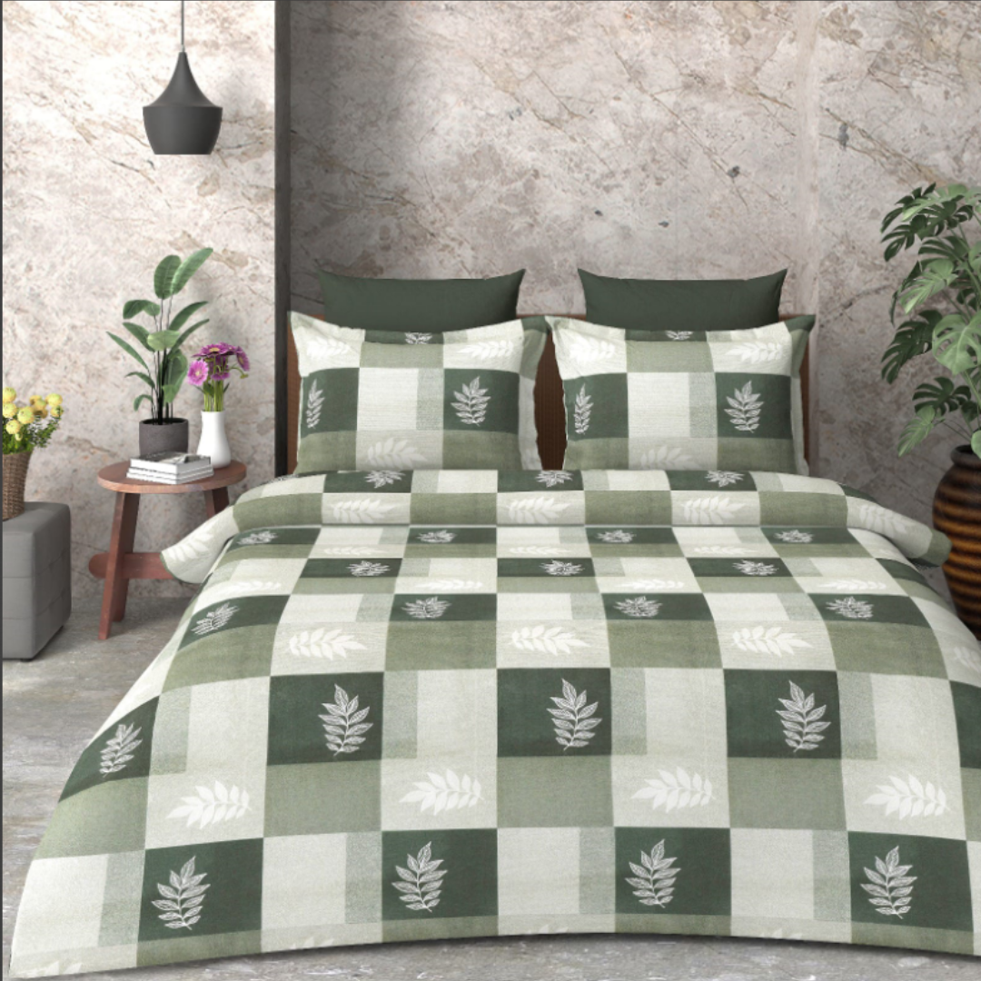 Beautiful Olive Green leaf pattern cotton double bed Bedsheet with 2 pillow covers