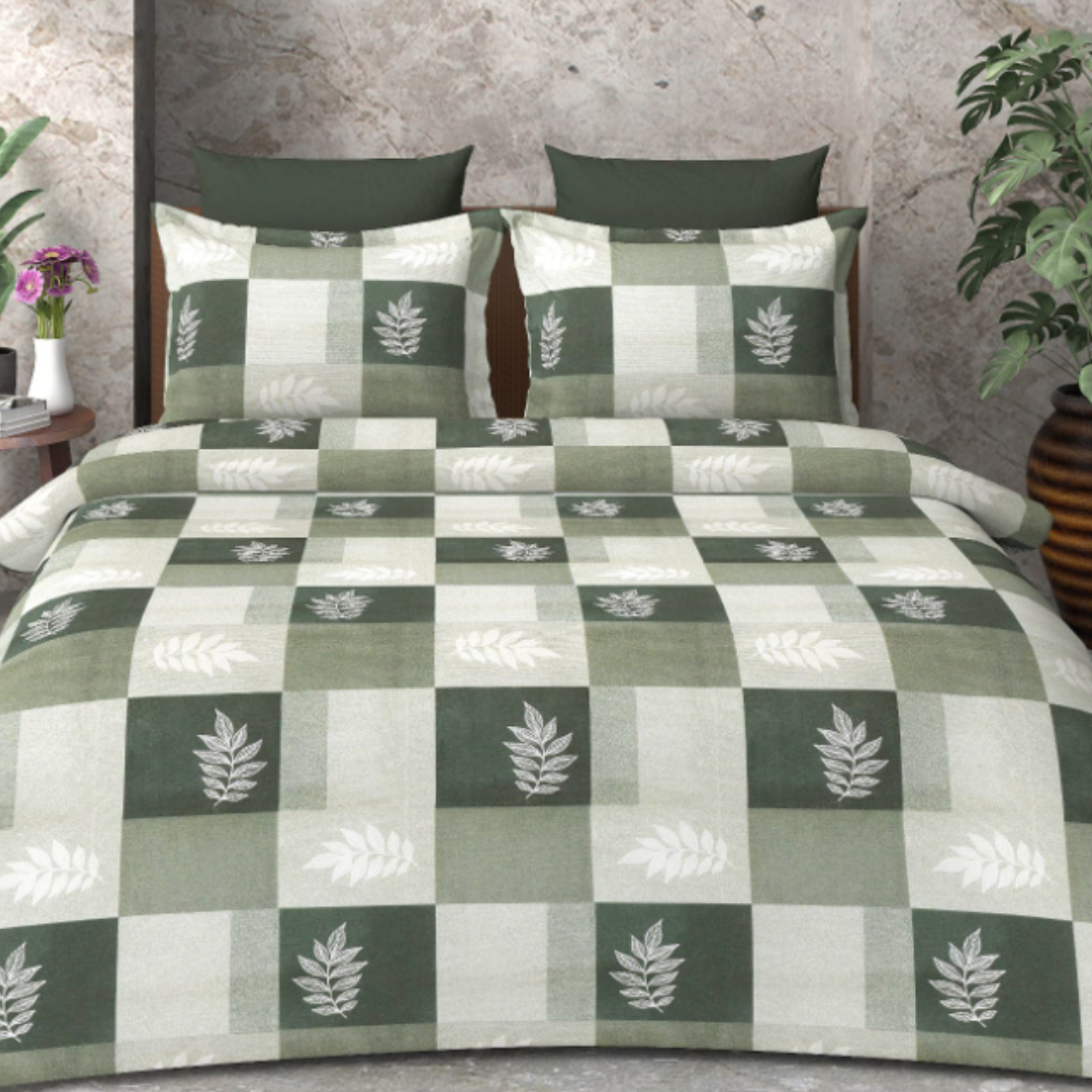 Beautiful Olive Green leaf pattern cotton double bed Bedsheet with 2 pillow covers