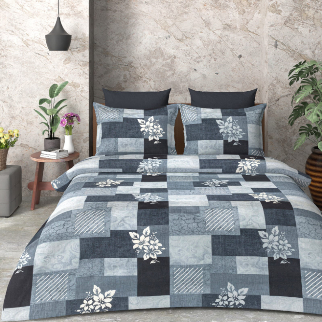 Floral Print Grey Cotton Double Bed Bedsheet with 2 pillow Covers