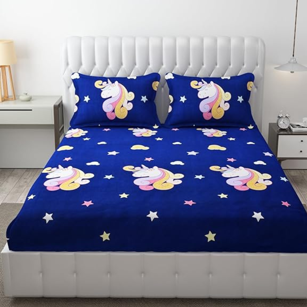 Cute Unicorn Printed Double Bed Sheet(Pack of 1 Bed Sheet, 2 PILOW Cover)