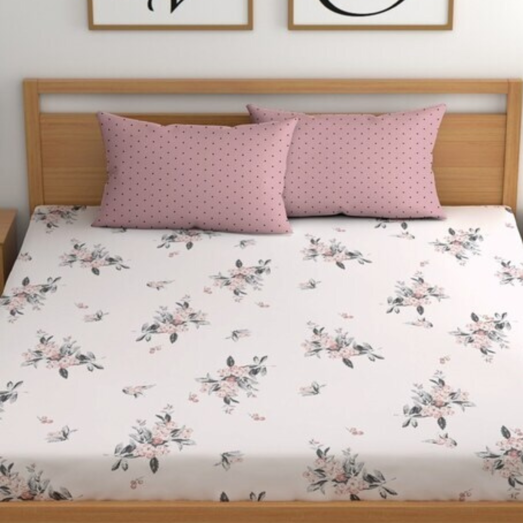 white & pink Floral Printed Cotton King Bedsheet With 2 Pillow Covers