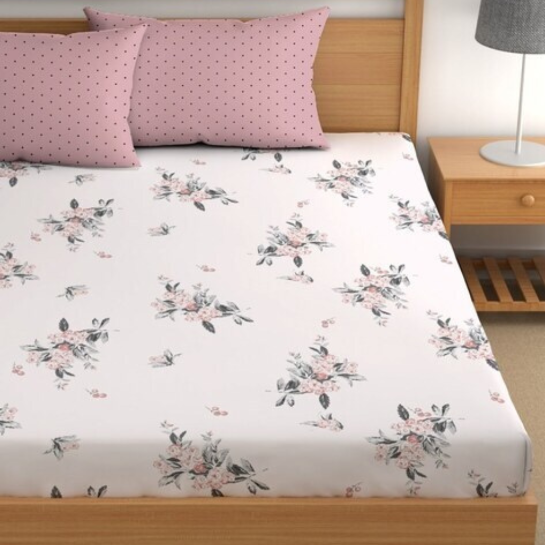 white & pink Floral Printed Cotton King Bedsheet With 2 Pillow Covers