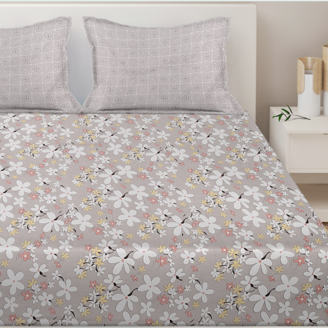 Grey Floral Cotton Printed Flat Bedsheet Double Bed With 2 Pillow Covers