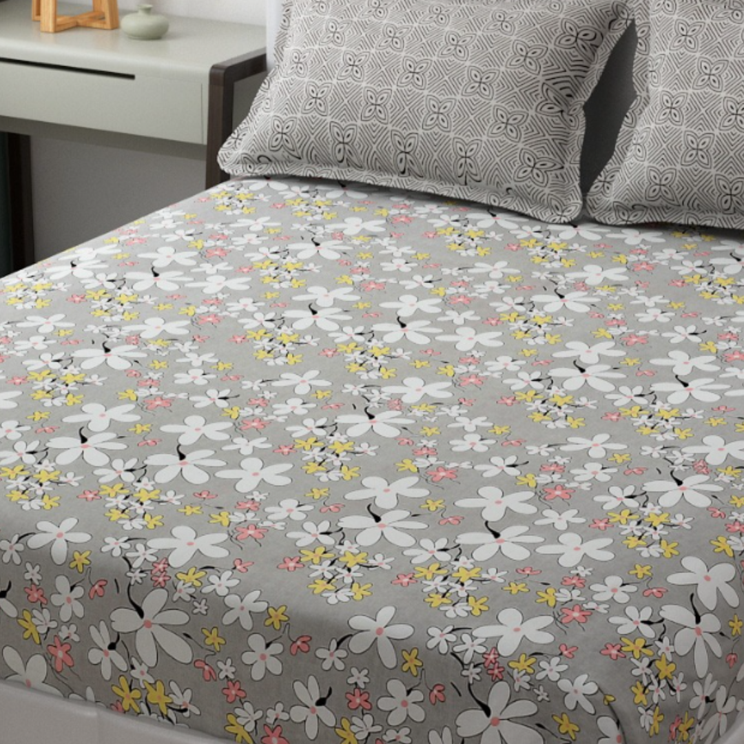 Grey Floral Cotton Printed Flat Bedsheet Double Bed With 2 Pillow Covers