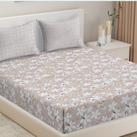 Thumbnail for Grey Floral Cotton Printed Flat Bedsheet Double Bed With 2 Pillow Covers