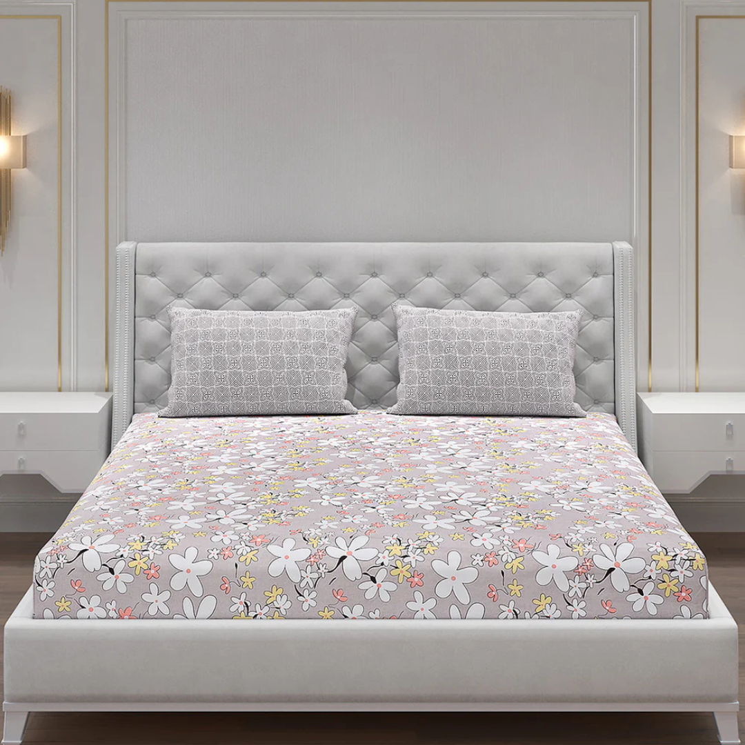 Light Grey Floral Print Double Bedsheet with 2 Coordinate Pillow Covers