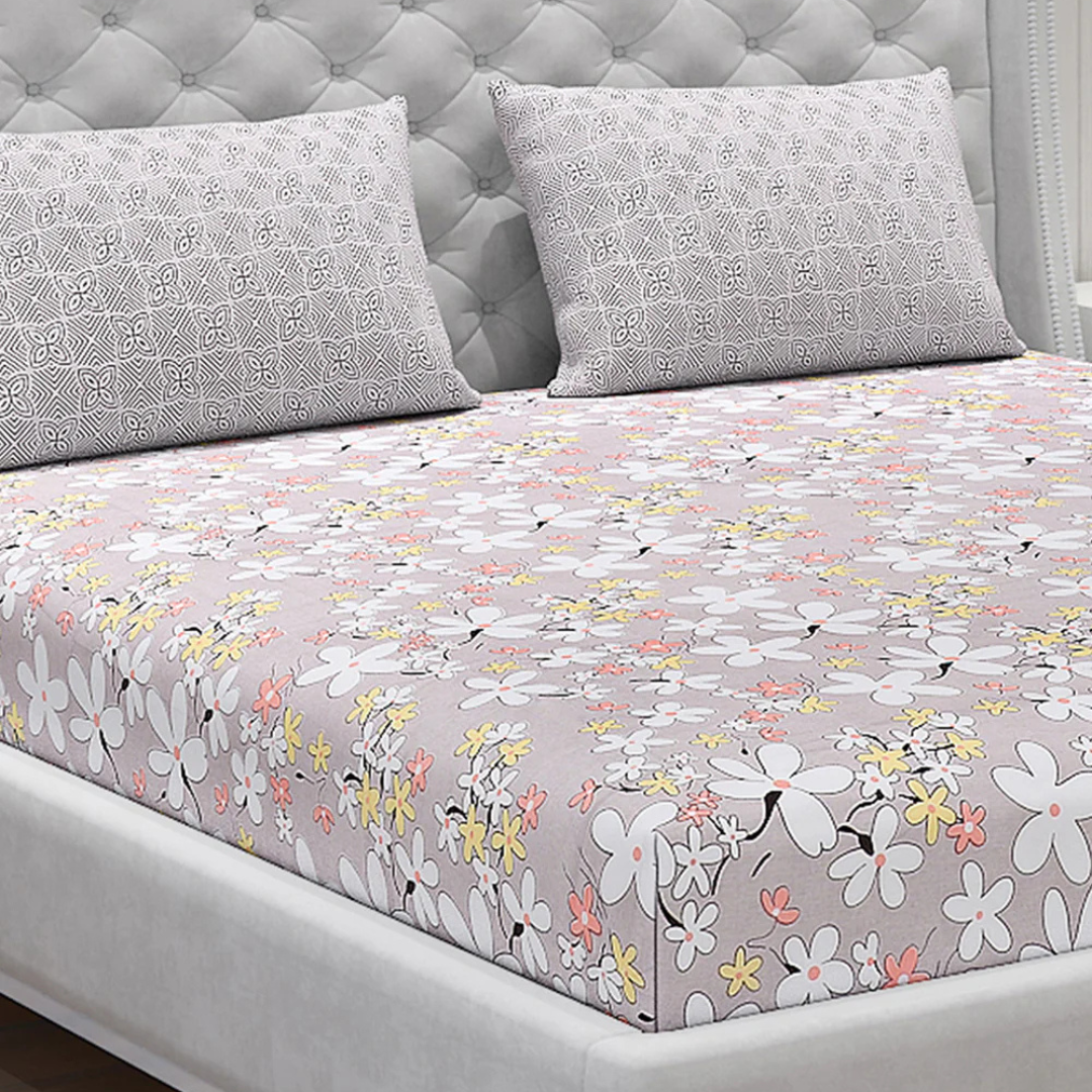 Light Grey Floral Print Double Bedsheet with 2 Coordinate Pillow Covers