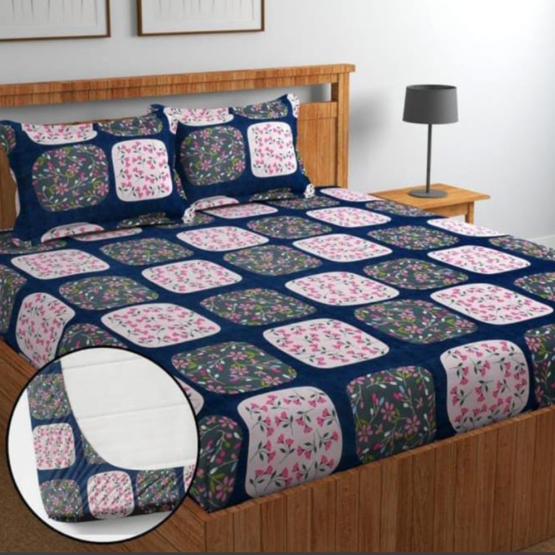 Multicolor Geometric Cotton Blend  Fitted (Elastic) Double Bedsheet with 2 Pillow Covers