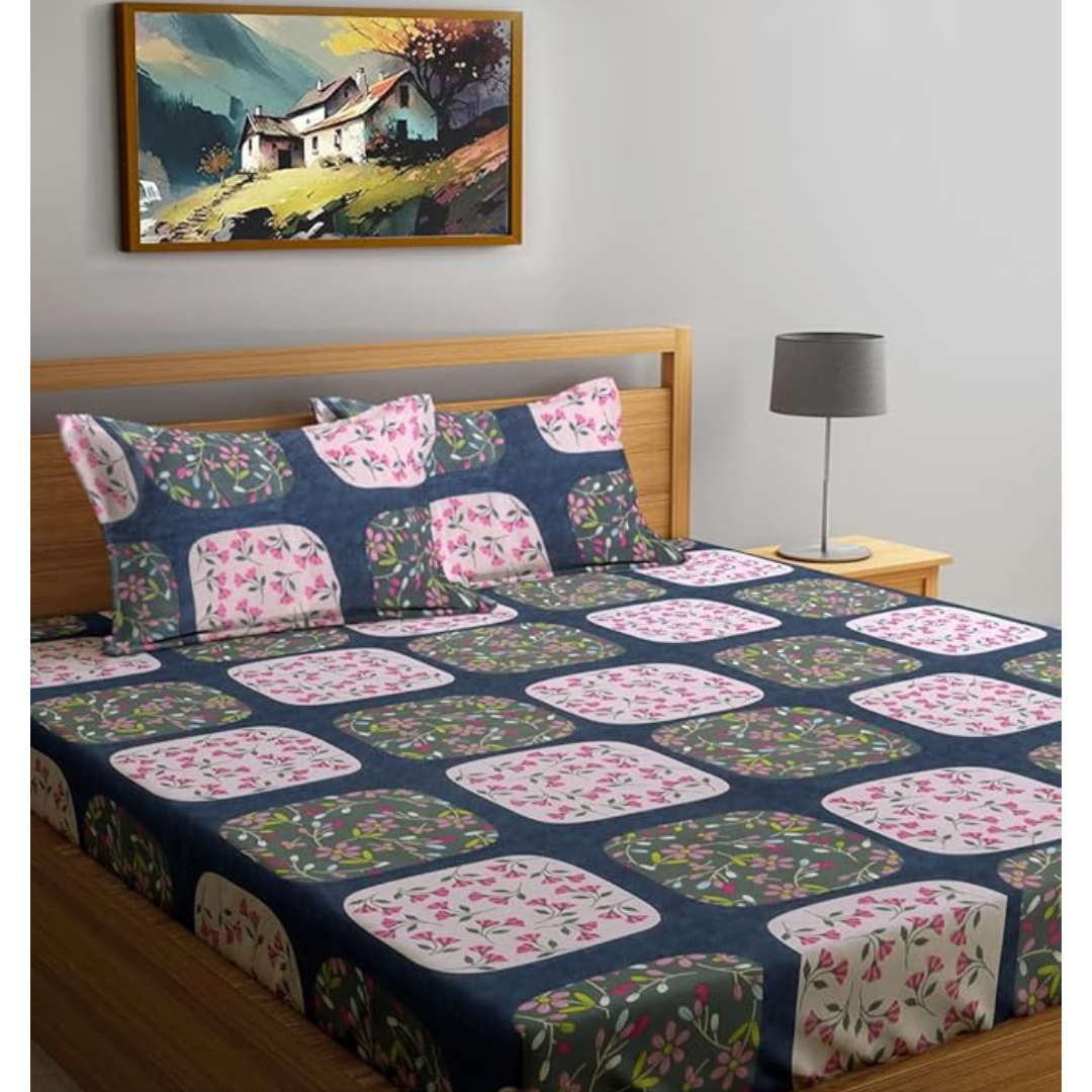 Multicolor Geometric Cotton Blend  Fitted (Elastic) Double Bedsheet with 2 Pillow Covers