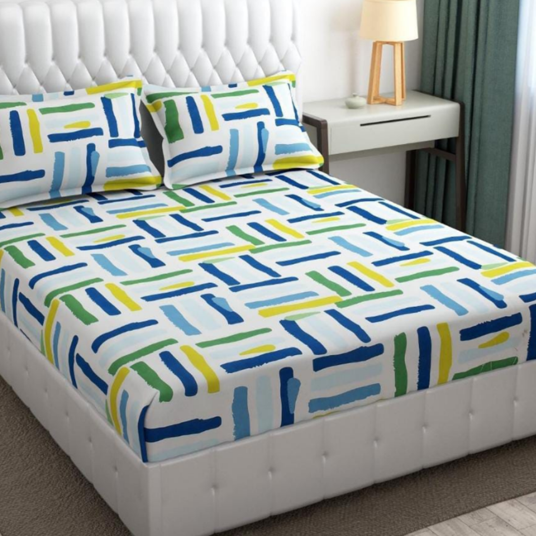 Cotton King Abstract  Fitted (Elastic)  Bedsheet with 2 Pillow Covers