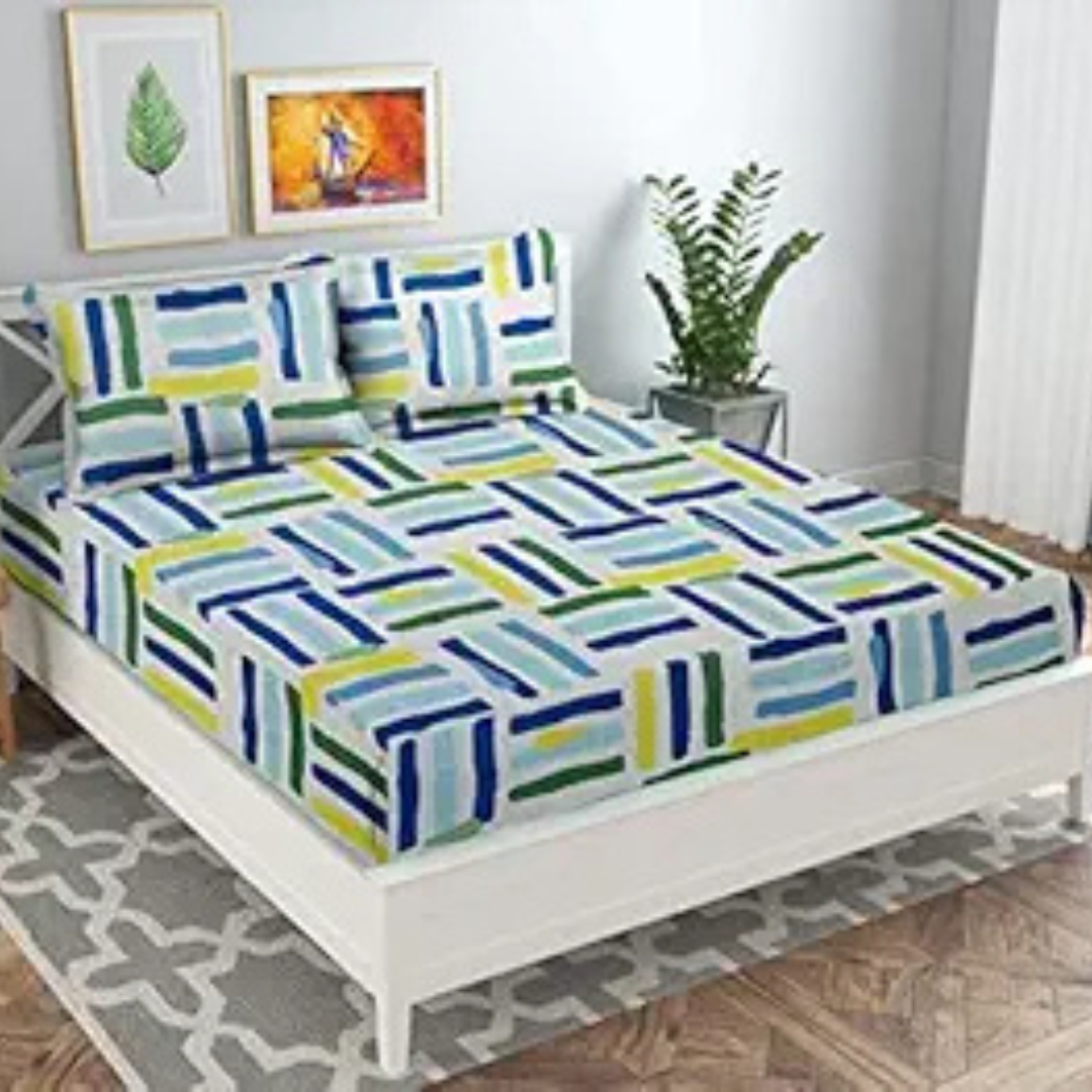 Cotton King Abstract  Fitted (Elastic)  Bedsheet with 2 Pillow Covers