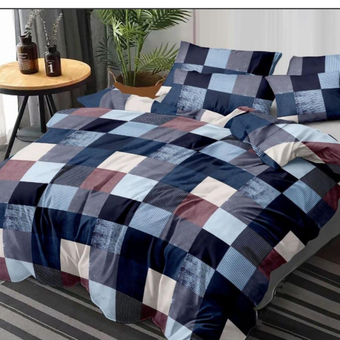 Blue Check Cotton Double BEDSHEET with 2 Pillow Cover