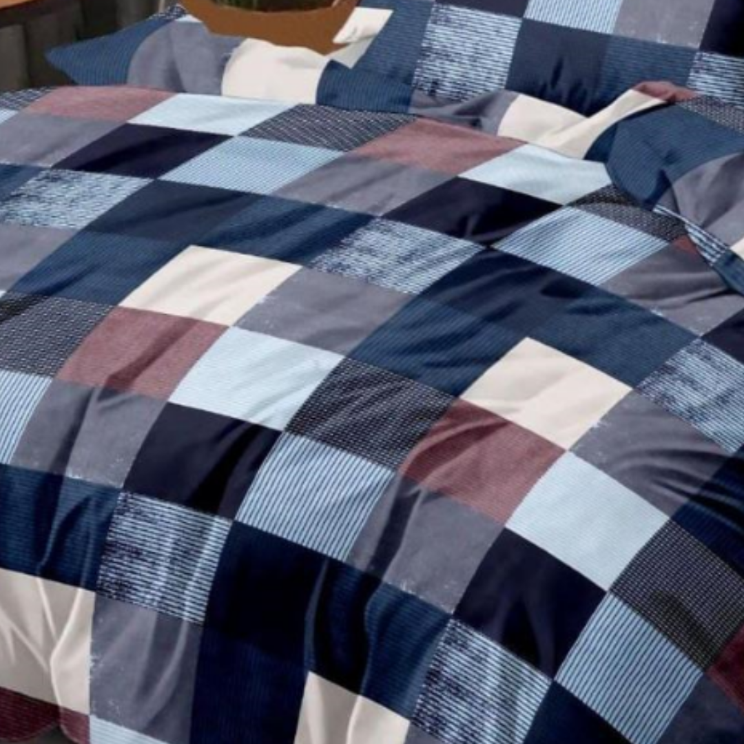 Blue Check Cotton Double BEDSHEET with 2 Pillow Cover