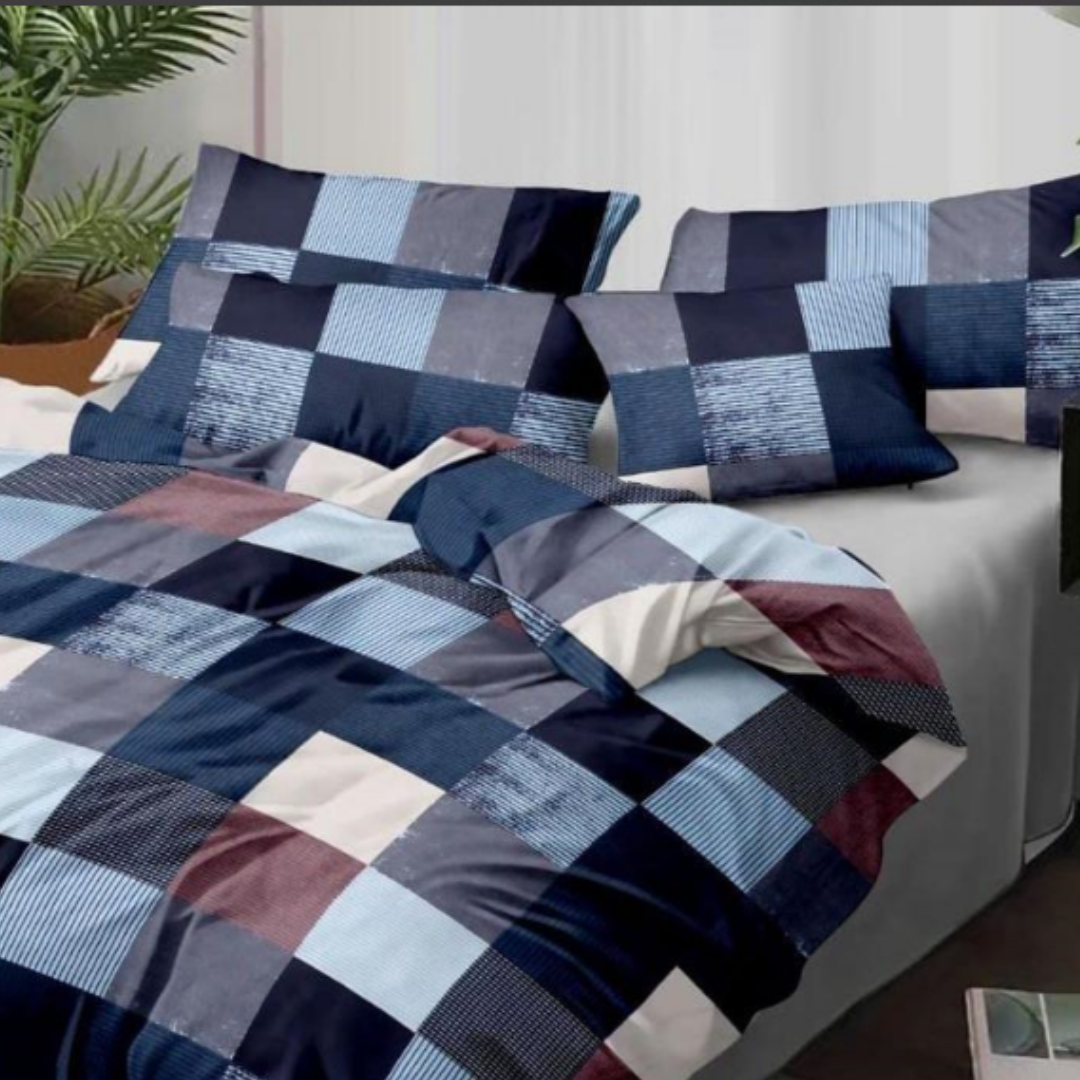 Blue Check Cotton Double BEDSHEET with 2 Pillow Cover