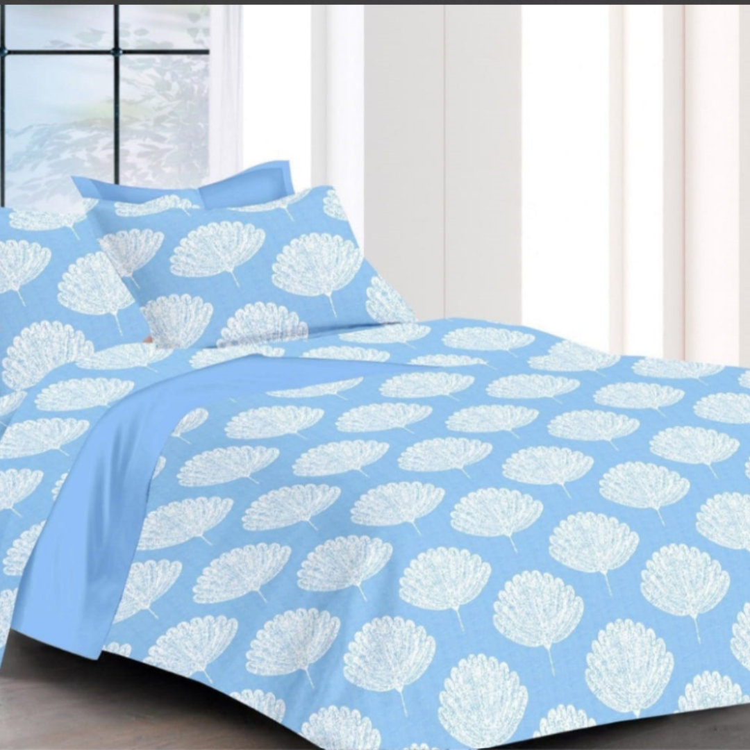 Blue Floral Printed Cotton Double Bedsheet with 2 Pillow Covers