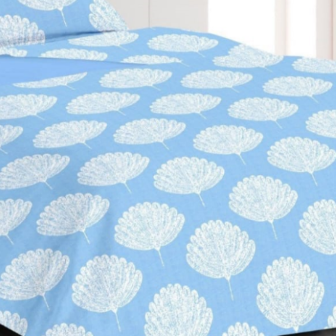 Blue Floral Printed Cotton Double Bedsheet with 2 Pillow Covers