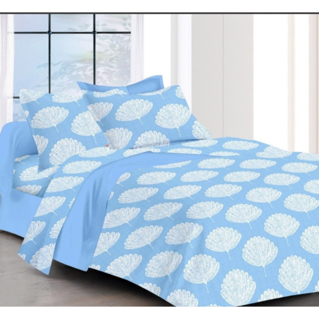 Blue Floral Printed Cotton Double Bedsheet with 2 Pillow Covers