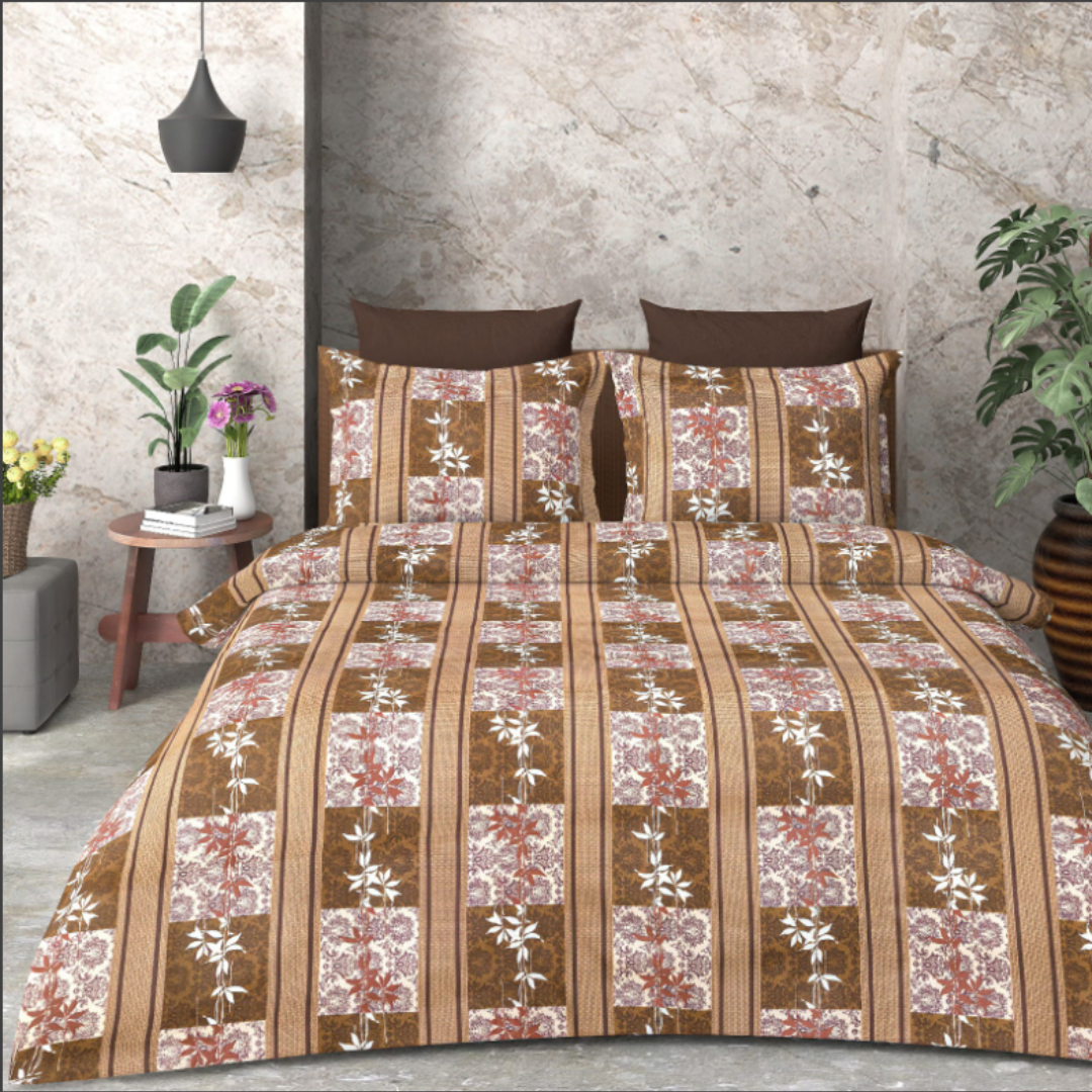 Brown Floral Cotton Bedsheet Combo Pack with 2 pillow Covers