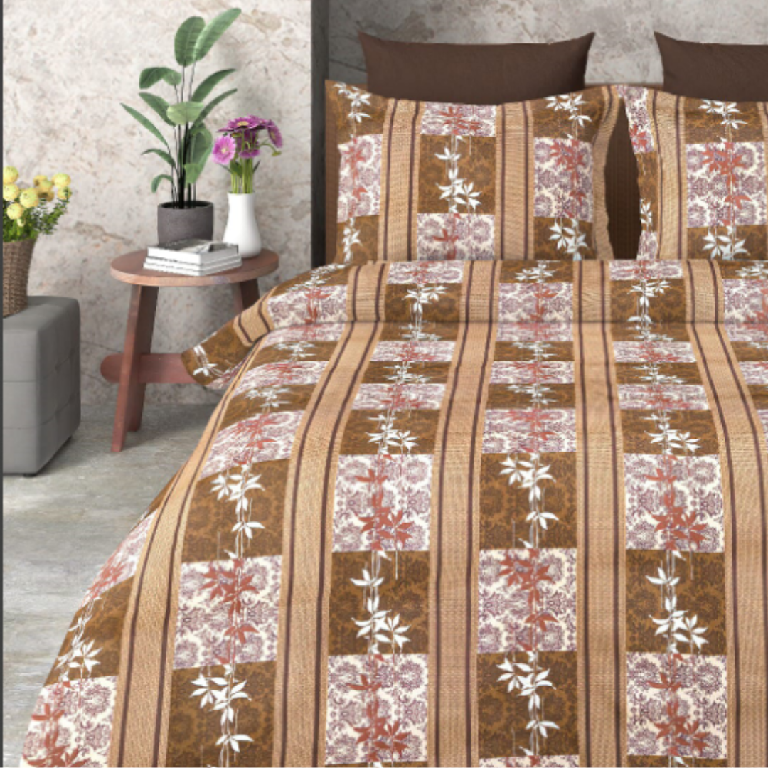 Brown Floral Cotton Bedsheet Combo Pack with 2 pillow Covers