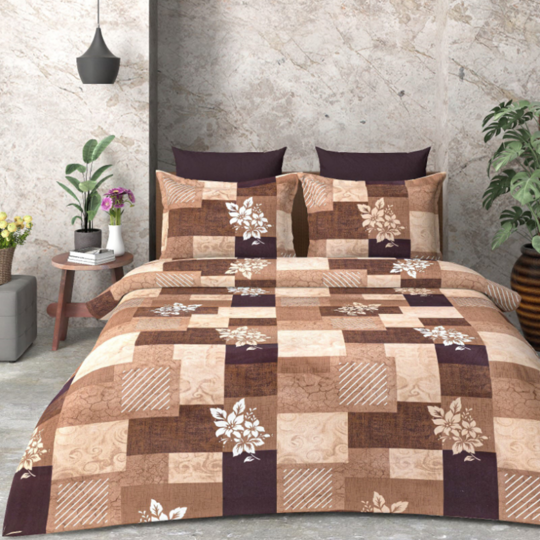 Rust Brown Floral Pattern Cotton Double Bed Bedsheet with 2 pillow covers