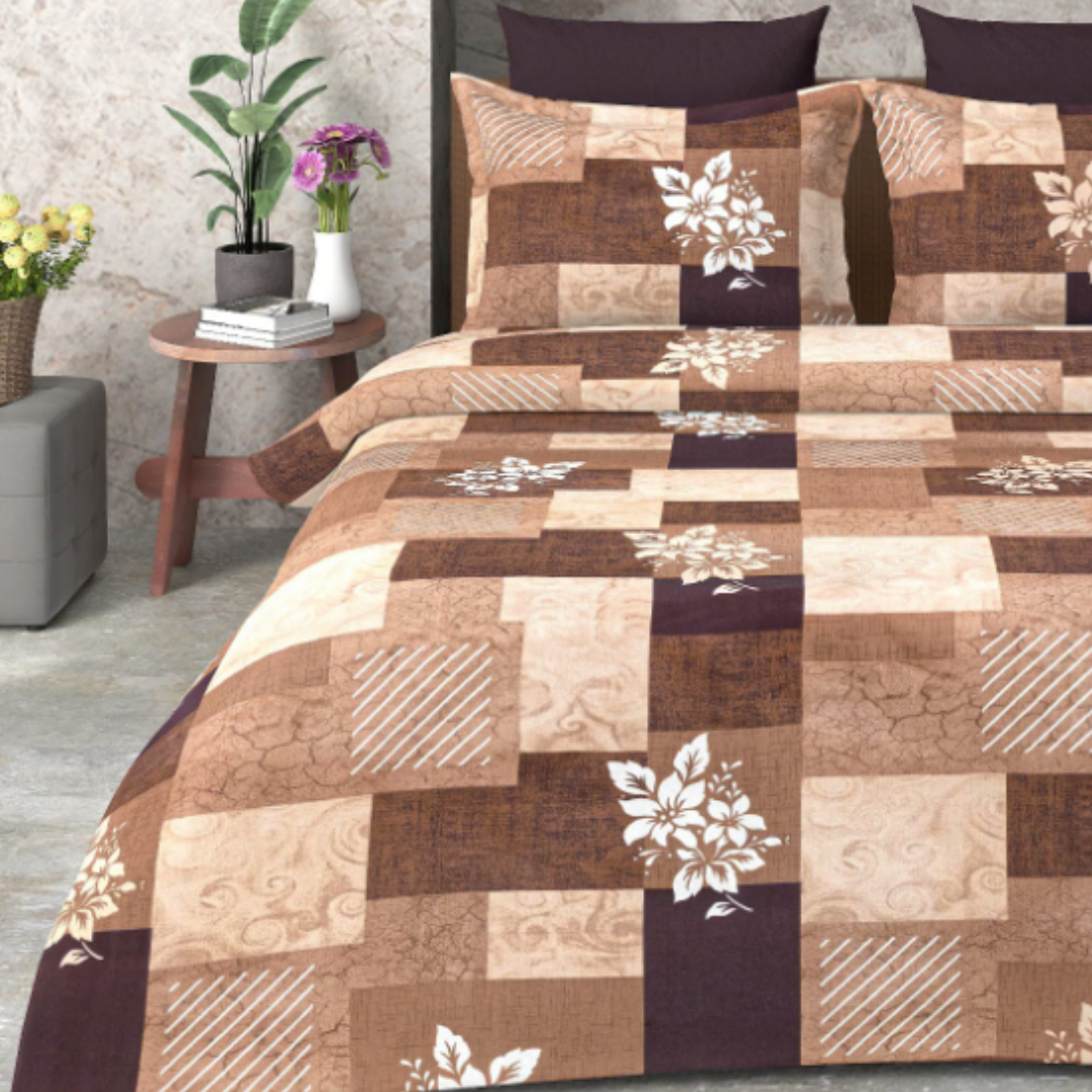 Rust Brown Floral Pattern Cotton Double Bed Bedsheet with 2 pillow covers