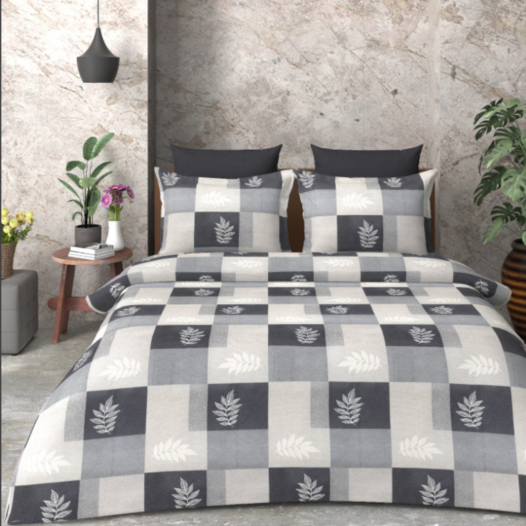 Black & White Leaf Pattern Cotton double bed Bedsheet with 2 Pillow covers