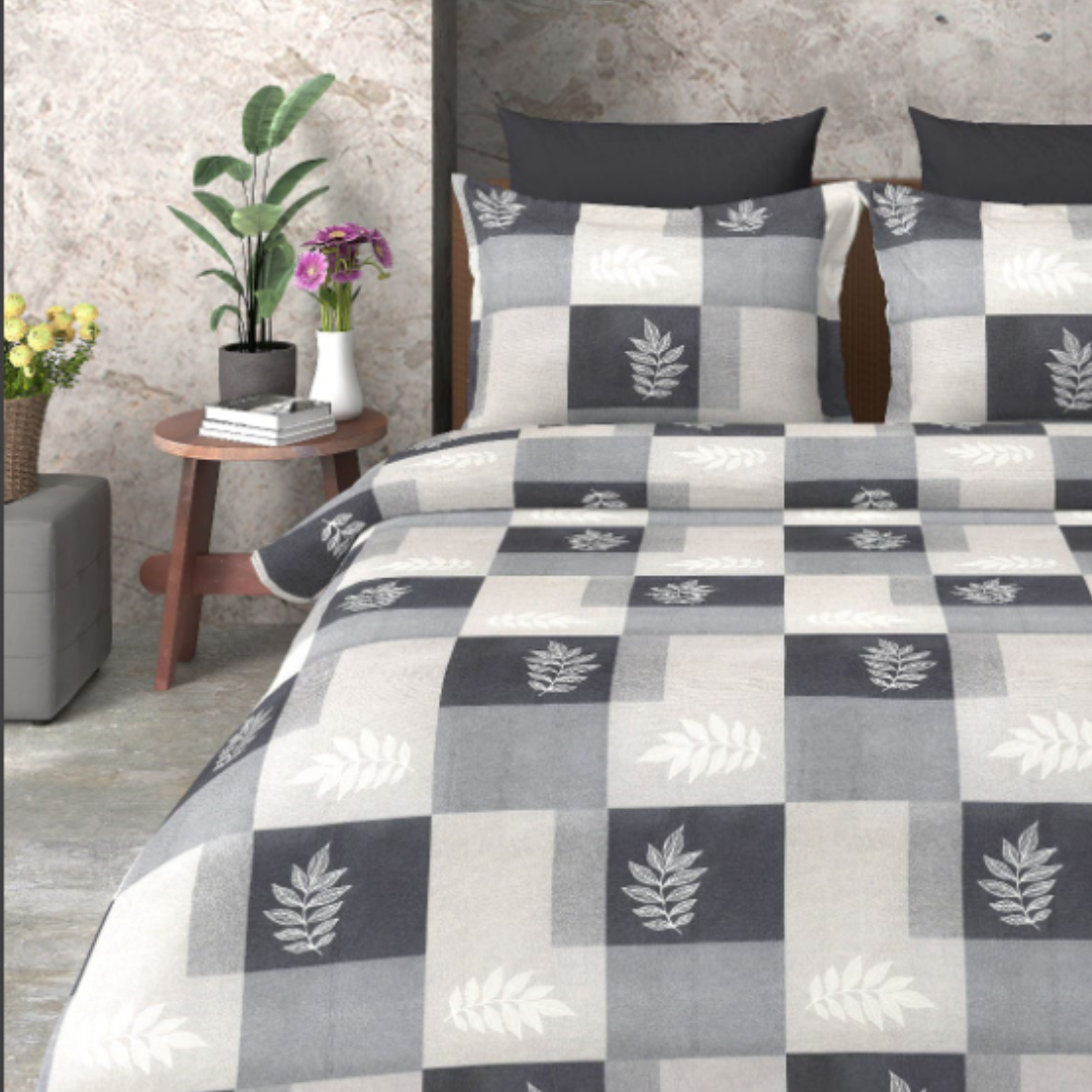 Black & White Leaf Pattern Cotton double bed Bedsheet with 2 Pillow covers