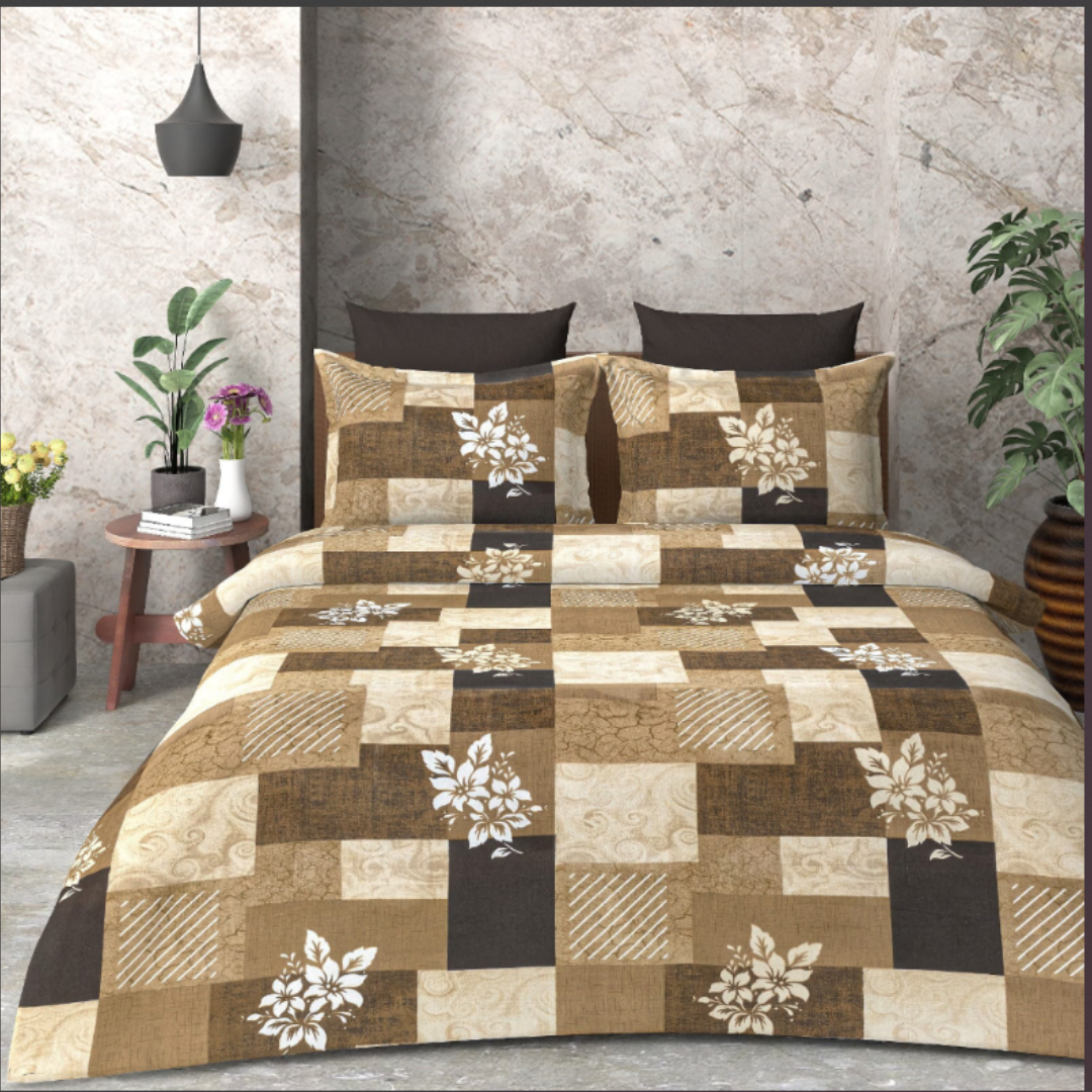 Black & Brown Floral pattern Cotton Double Bed Bedsheet with 2 pillow Covers