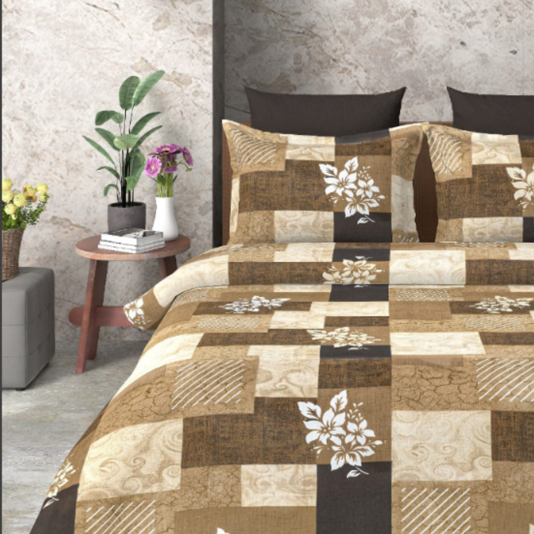 Black & Brown Floral pattern Cotton Double Bed Bedsheet with 2 pillow Covers