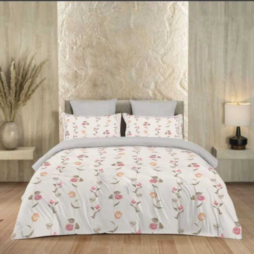 Cute White Floral Cotton King Size Bedsheet Double Bed with 2 Pillow Covers