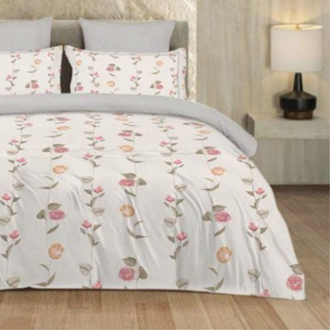 Cute White Floral Cotton King Size Bedsheet Double Bed with 2 Pillow Covers