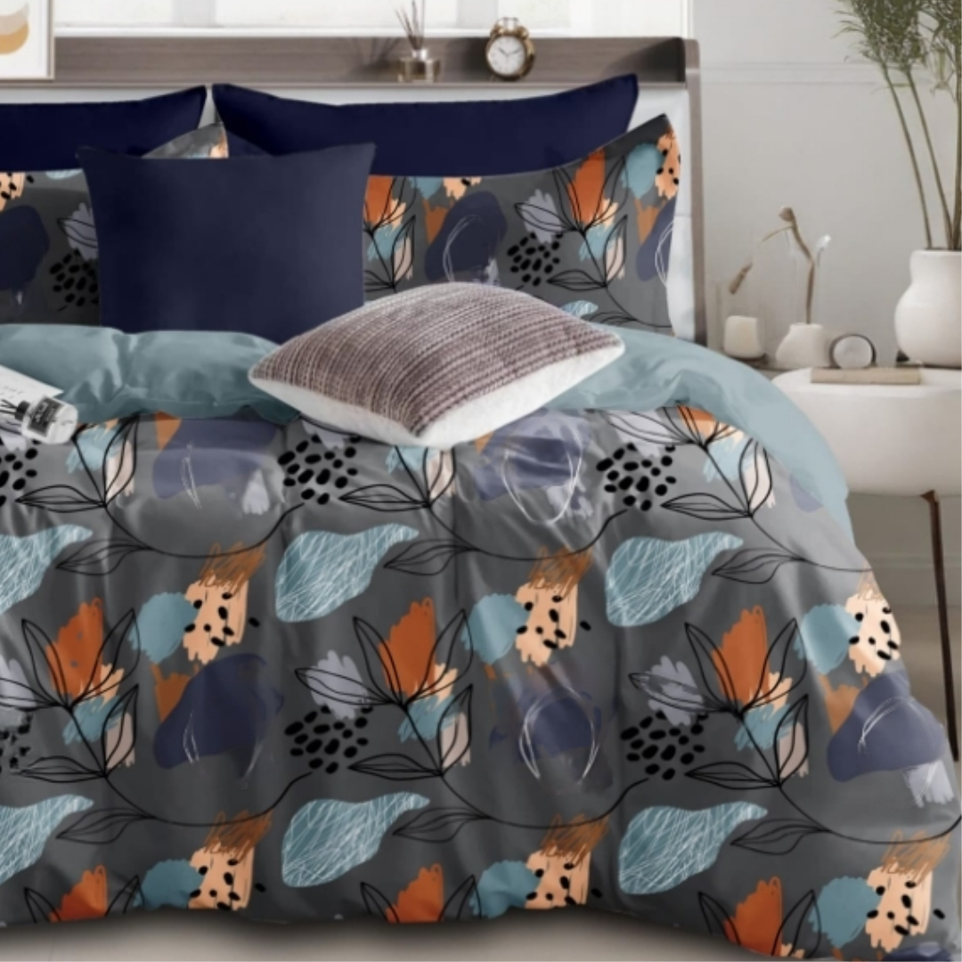 Grey Floral Cotton King Size Bedsheet Double Bed with 2 Pillow Covers