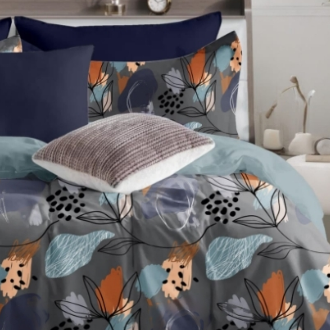 Grey Floral Cotton King Size Bedsheet Double Bed with 2 Pillow Covers