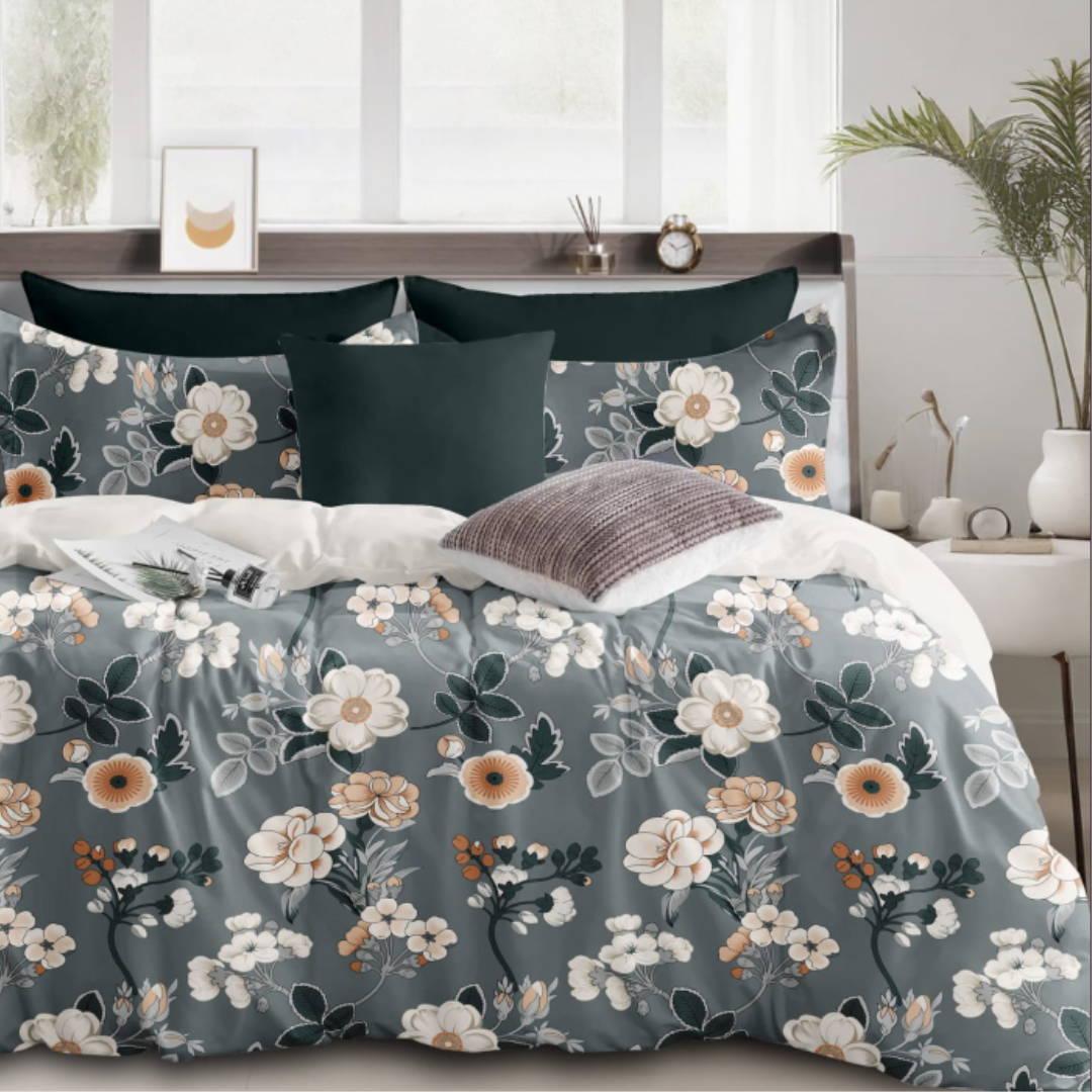 Beautiful Grey floral Trending Cotton King Size Bedsheet Double Bed with 2 Pillow