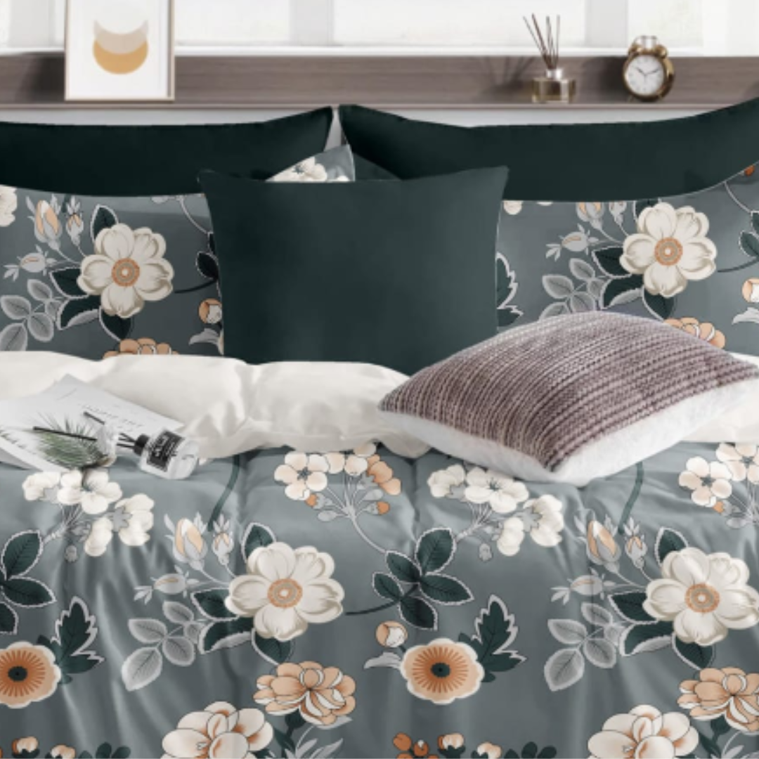 Beautiful Grey floral Trending Cotton King Size Bedsheet Double Bed with 2 Pillow